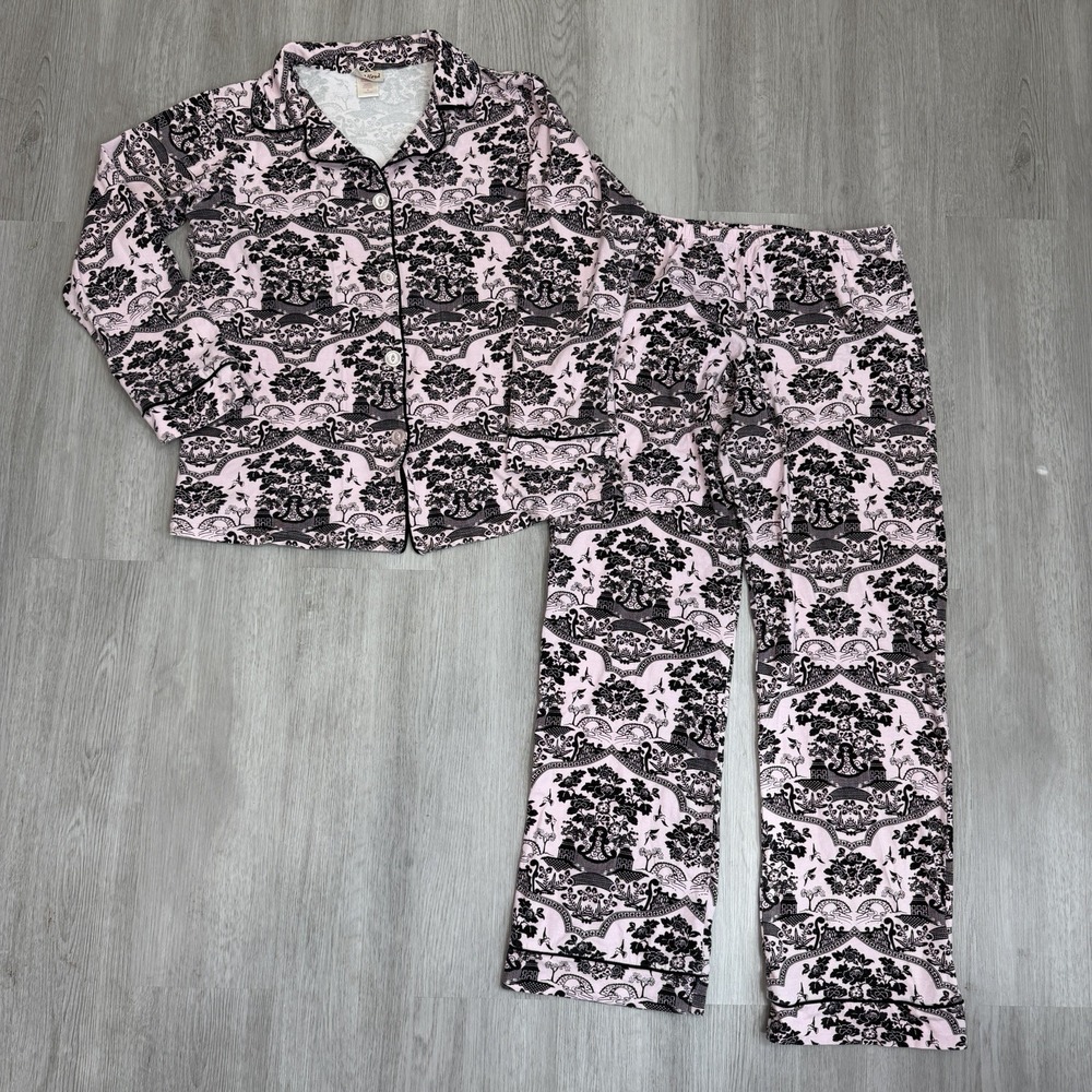 BedHead Pajamas Small Cotton Pink Black Baroque Floral Print Long Sleeve PJ Set